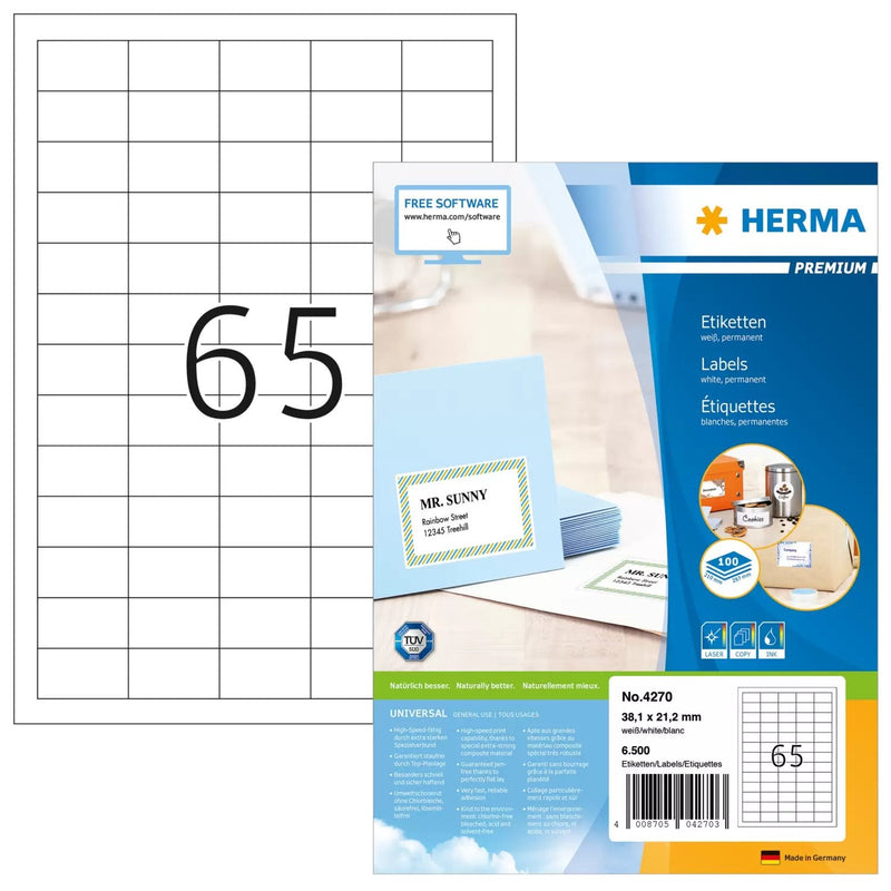 Herma Labels 38,1X21,2 100 Sheets Din A4 6500 Pcs. 4270 Labels