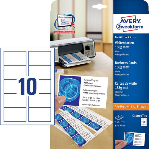 Avery Zweckform Visitenkarten C32010-25 Matte White 200G Qm, 250 Units — image 1