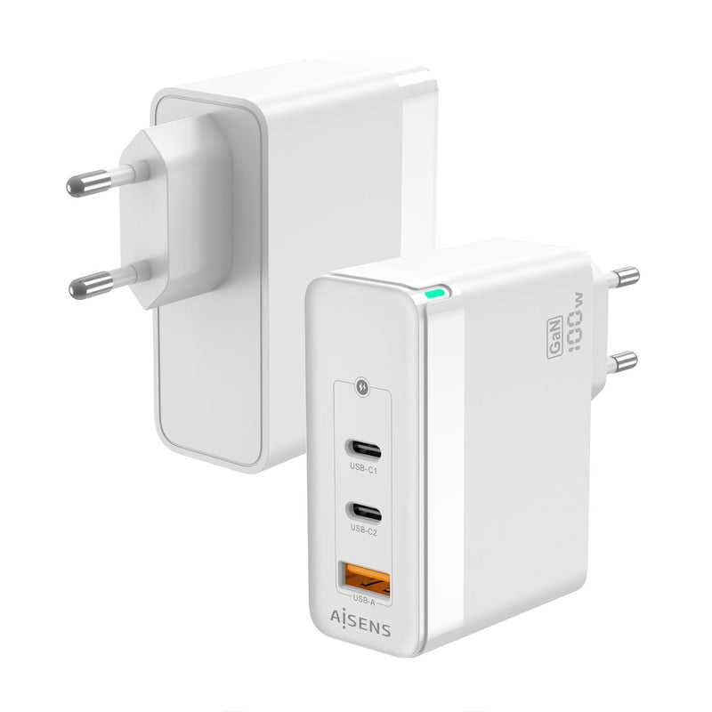 Aisens Charger GaN 100W - 2x USB-C PD 3.0 QC4.0 QC5.0 - 1x USB-A QC3.0 - White
