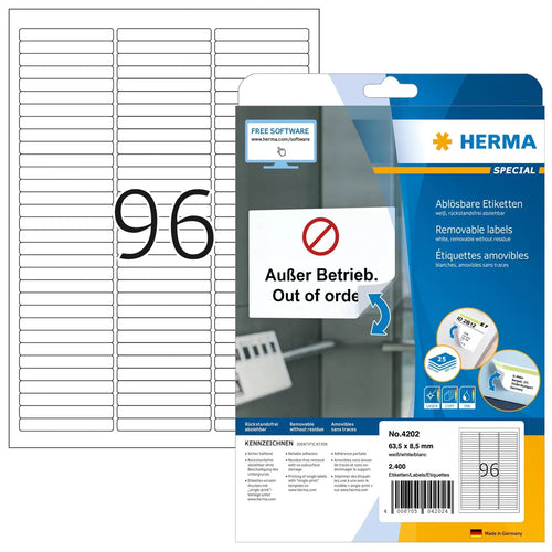 Herma Labels A4 White 63,5X8,5MM Removable Paper 2400 Pieces — image 1
