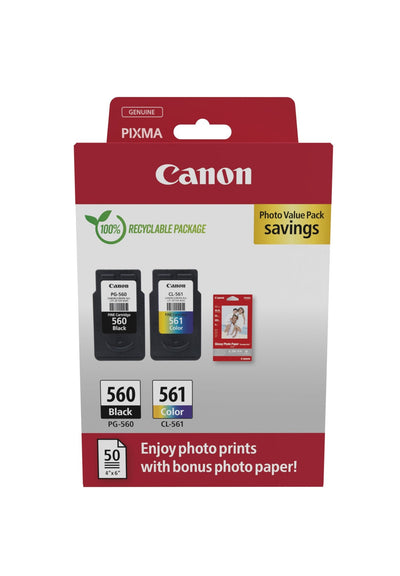 Canon PG-560/CL-561 Pack 2 Cartridges Ink Originales + Paper Fotografico Glossy GP-501 - 3713C008 — image 1