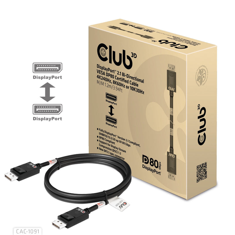 CLUB3D DisplayPort™ 2.1 Cable Certificado VESA DP80 Bidireccional 4K120HZ, 8K60HZ U 10K30HZ M/M 1.2M/3.94FT