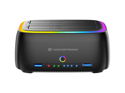 Conceptronic Docking DONN36B USB-C RGB Double Bahia SATA HDD SSD 2.5 3.5 Clonado Offline 2x USB-A SD — image 1