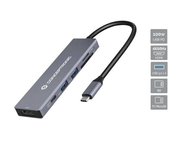 Conceptronic Dock USB-C-HDMI,2XUSB3.0,SD,100W PD 0.12M Gr