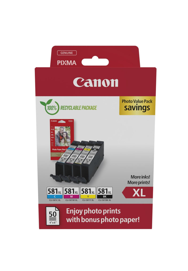 Canon CLI581XL Pack 4 Cartridges Ink Originales - 50 Hojas Paper Fotografico - 2052C004/2052C006