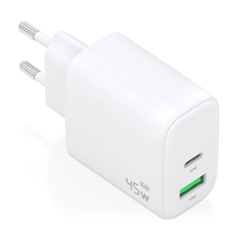 Aisens Charger GaN 45W, 1x USB-C PD 3.0 QC4.0, 1x USB-A QC3.0, White