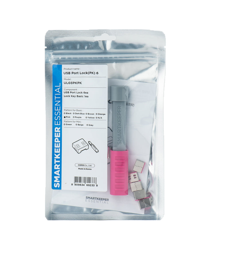 Smartkeeper Essential USB-A Port Lock (UL03) + Lock Key Basic (U03), Lock Embutir Code Colour Pink 6 Pieces +
