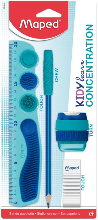Maped Kidy Lern Concentration Pack With Regla 20CM + Sacapuntas + Rubber Borrar + Pencil - Diseñados Ayudar a
