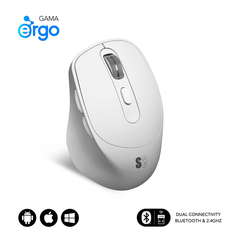 Subblim Mouse Confort Ergo Dual Wireless Bluetooth, USB 2.4GHZ 2400DPI - 5 Buttons - Uso Diestro - White