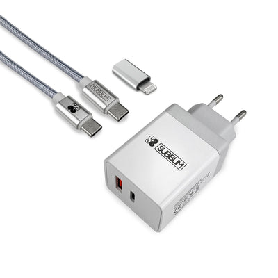 Subblim Charger Ultra Fast 2x USB Wall PD25W + QC3.0 + Cable C To C And Lightning White — image 1
