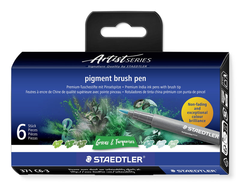 Staedtler 371 Pack 6 Markers Punta Pincel Soft - New Ink Multi Ink - Pigmentos Primera Quality - Colours Green