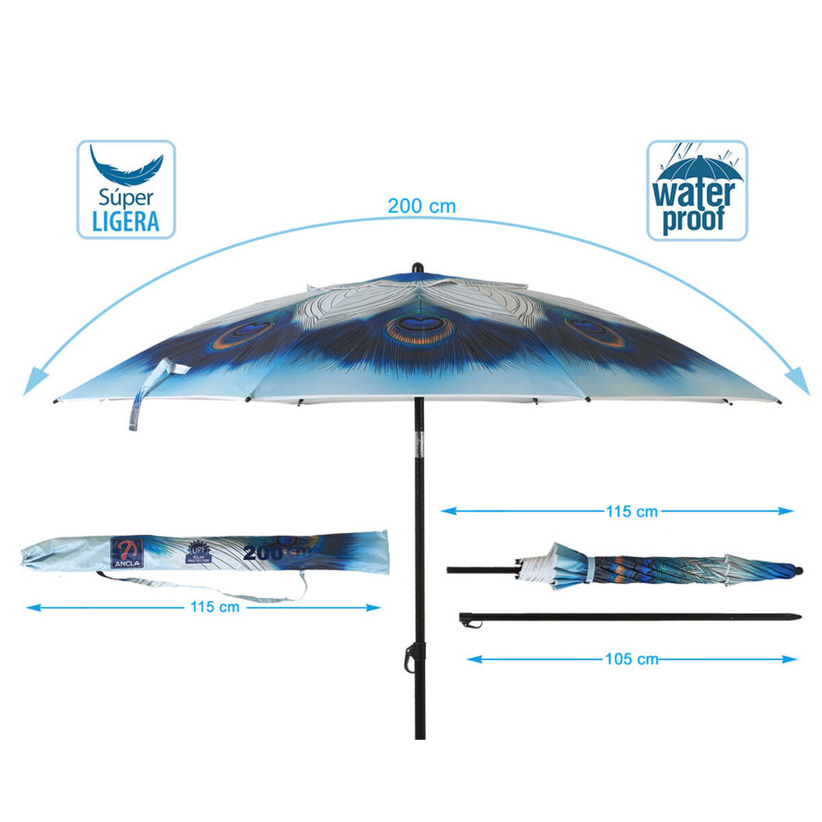 Beach parasol Blue Ø 200 cm SPF50+ Peacock