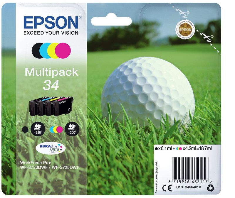 Epson Ink Bk / C / M / And Multipack 4-COLOURS 34 Durabrite Ultra Ink (6,1ML Black + 4,2ML Cyan + 4,2ML Magent