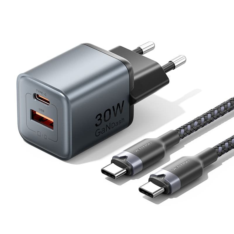 Vention Wall Charger - 30W - GaN - Cable 1M Included - USB-C - USB-A - Power Delivery 3.0 - Qualcomm 3.0 -