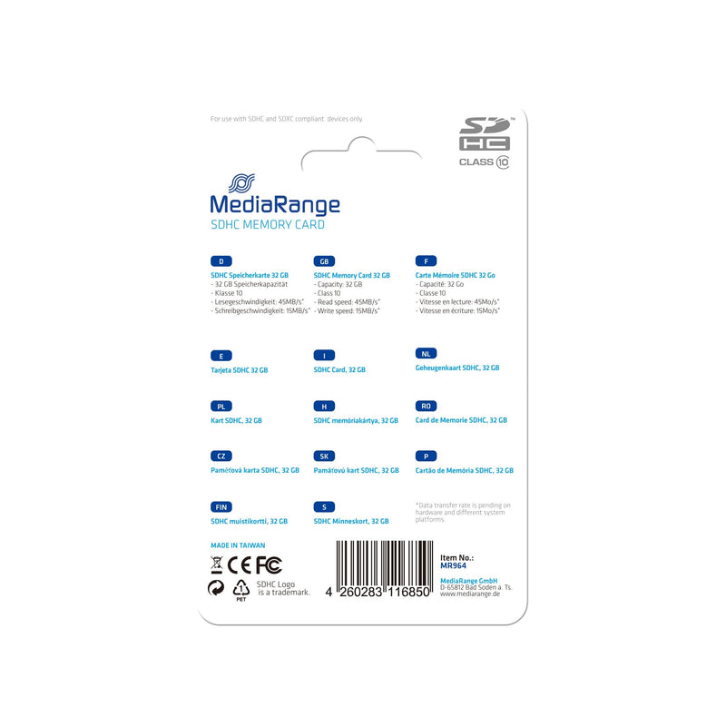 Mediarange MR964 Memory Flash 32GB Sdhc Clase 10