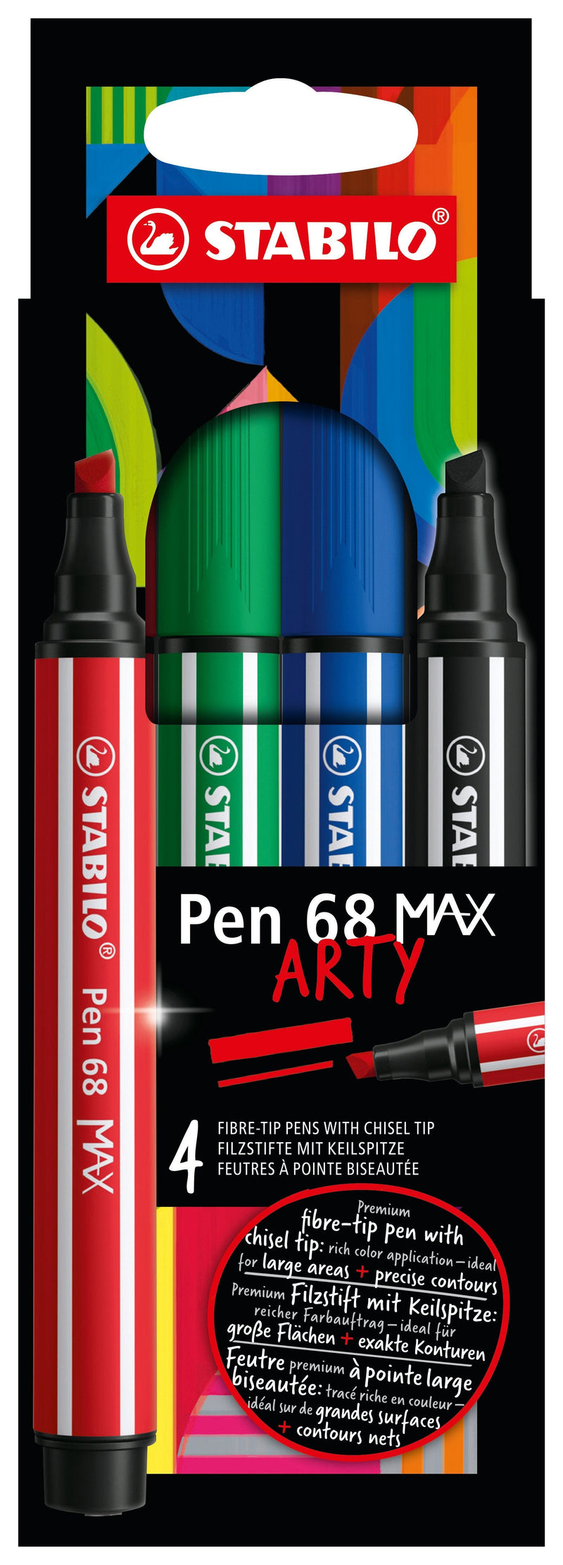 Stabilo Pen 68 Max. Arty Pack 4 Markers - Punta Fibre Biselada - Trazo Entre 1-5MM Aprox. - Ink a Base