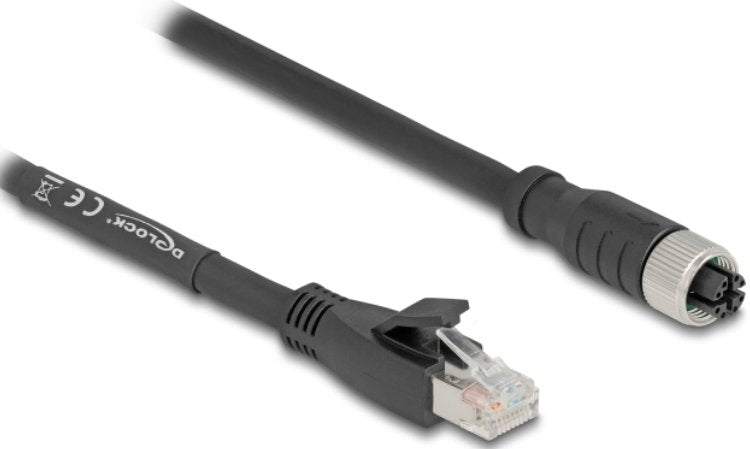 Delock M12 Cable X-kodiert 8 Pin Connector Female a RJ45 Connector Male CAT.5E S FTP Flexible 1M Black