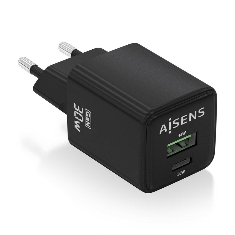 Aisens Charger GaN 30W, 1x USB-C PD 3.0 QC4.0, 1x USB-A QC3.0, Black