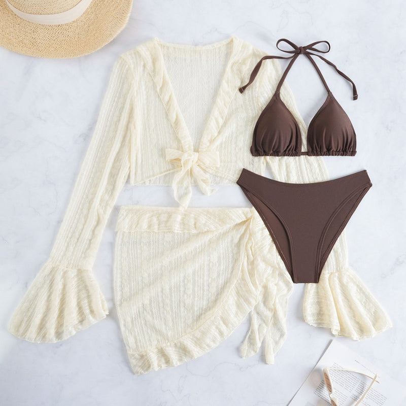 Long-sleeve SmockTriangular ApronAnd Bikini Four-piece Set