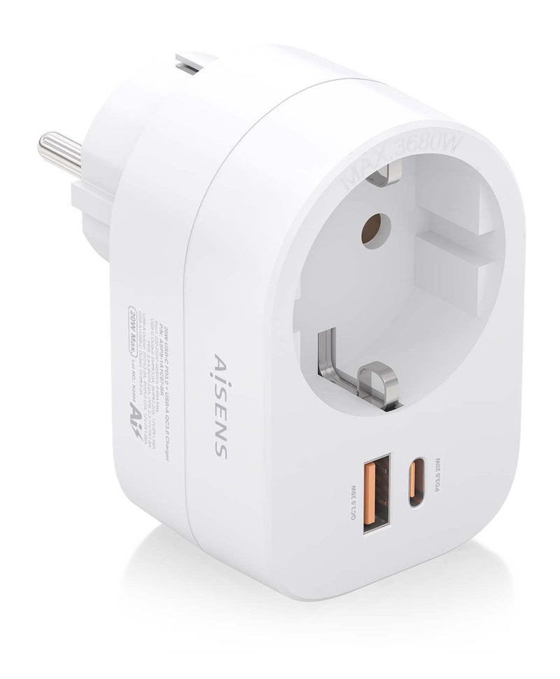 Aisens Power Strip Wall Multifuncion With 1 Socket + 1x USB-C 20W PD 3.0, 1x USB-A 20W QC3.0, White