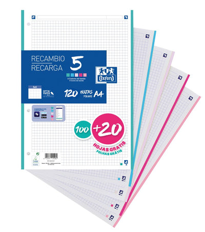 Oxford Spare Part 100 + 20 Hojas A4 Microperforadas 4 Cuadrícula 5X5MM 90GR 5 Bandas Colours Pastel — image 1