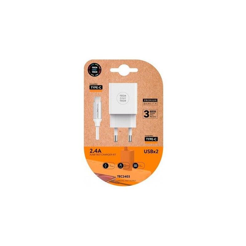 Tech One Tech Wall Charger TEC2403 2x USB + USB Cable Type-c 2.4A White