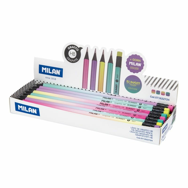 Milan Sunset Expositor With 24 Pencils Graphite Hb - Rubber Incorporada - Forma Redonda - Colours Surtidos