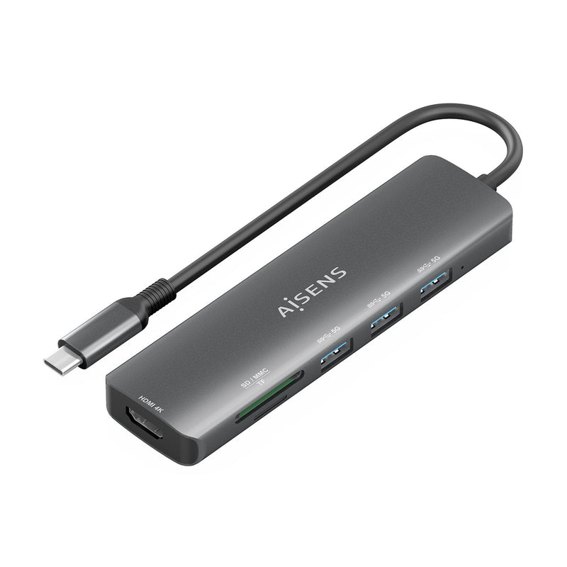 Aisens USB-C Dock 6 1, USB-C a 1x HDMI, 3x USB-A, 1XSD, 1XMICRO Sd, Grey 15CM