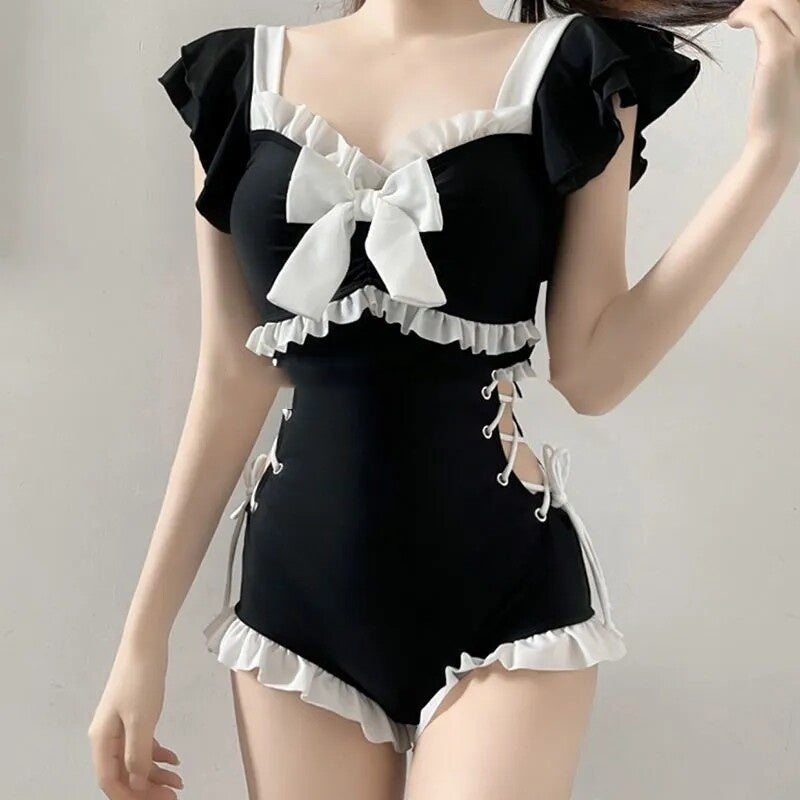 Maid-style One-piece Swimsuit For Women Petite Style With A Bow