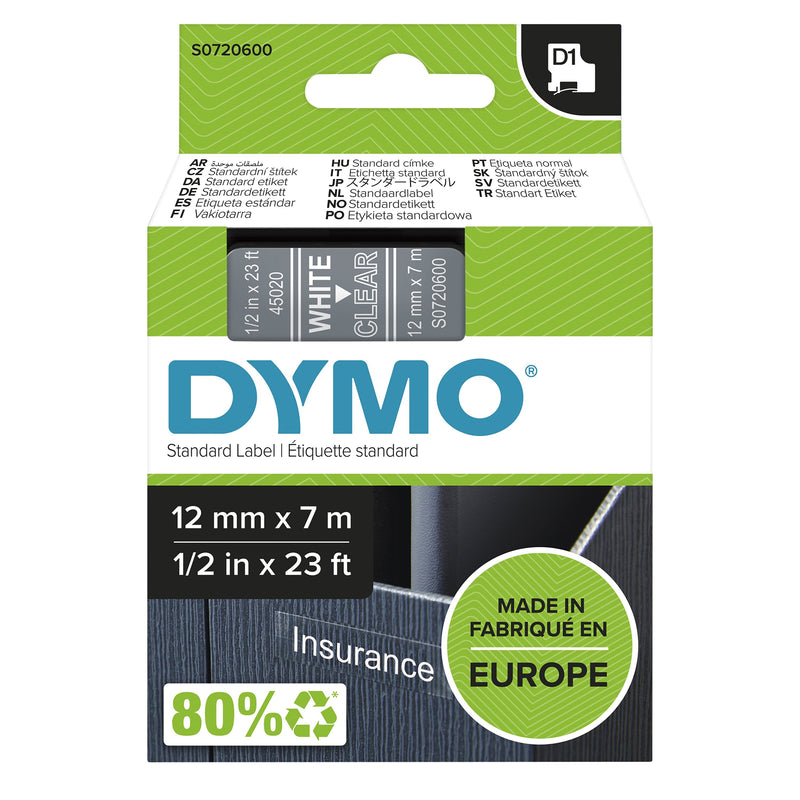 Dymo Tape Transferencia Thermal D1 45020, Labels Standard White Sobre Transparent 12MMX7M, Poliester Self-adhe