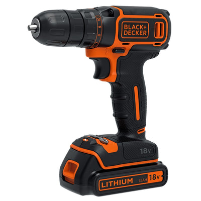 Black + Decker Drill Atornillador 18V, Par Máximo 30NM, Portabrocas 10MM, 2 Battery Litio 1.5AH, Light Led, In — image 1