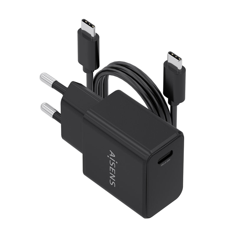 Aisens Charger GaN USB-C PD 3.0 1x USB-C 20W With USB Cable -c 1M, Black