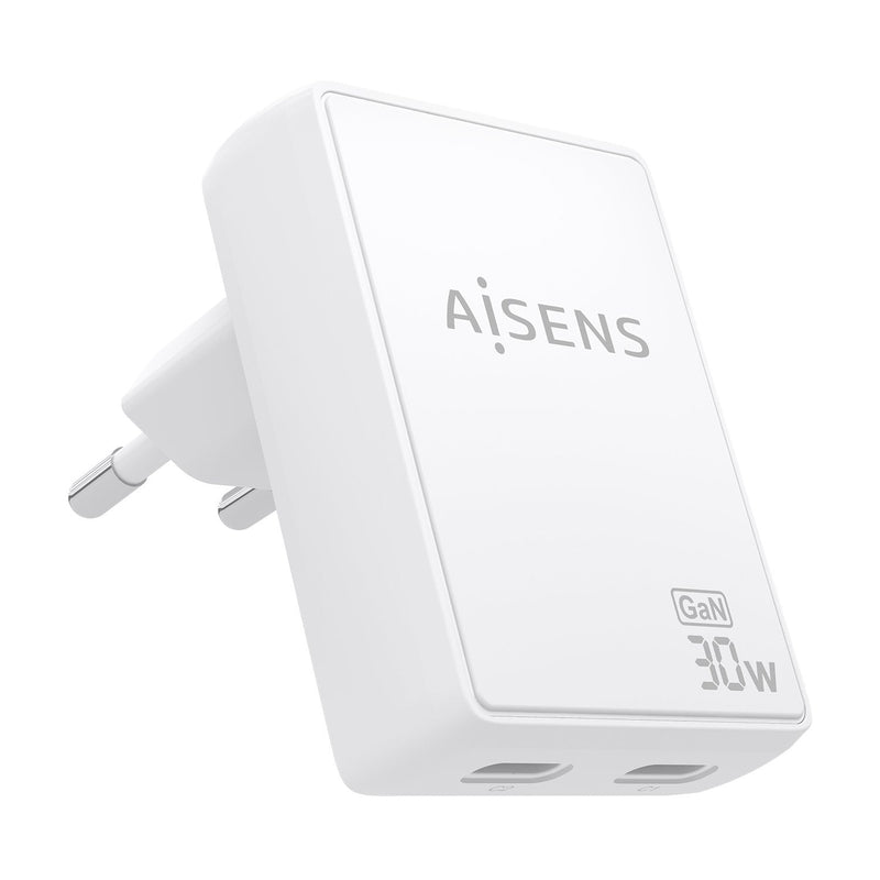 Aisens Wall Charger GaN Ultra Slim 30W, 2x USB-C PD 3.0 QC4.0, White