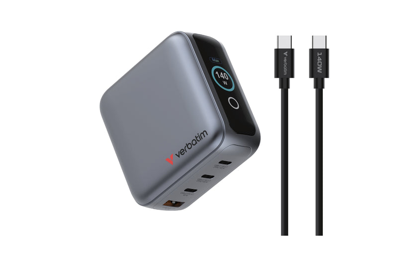 Verbatim Wall Charger Universal GaN Travel Mini GaN Charger With Screen 3x USB Type-c 1x USB 140W