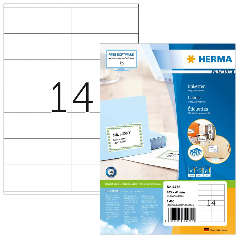 Herma Premium Labels 105X41 100 Sheets Din A4 1400 Pcs. 4475 Labels