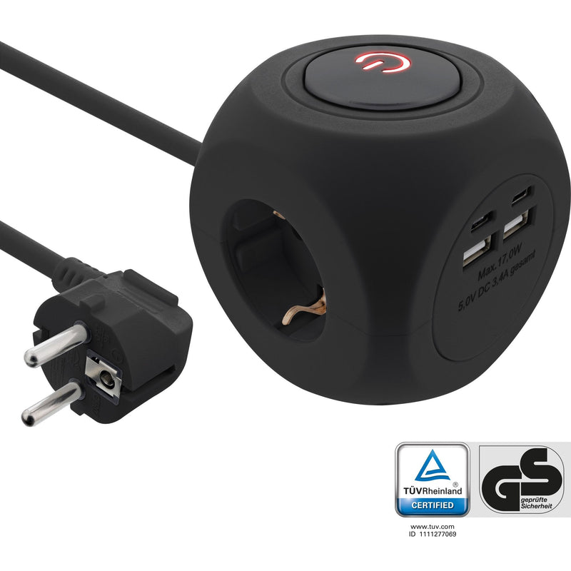 Inline® Charging Cube, 3X Earthing Contact, 2x Usb-c, 2x Usb-a, Black 2M