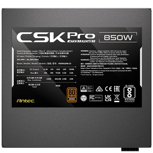 Antec Power Supply Alim. 850W 80 + Bronze Csk Pro ATX3.1 850W Black 80 + Bronze, 850W, ATX3.1, Semimodular.