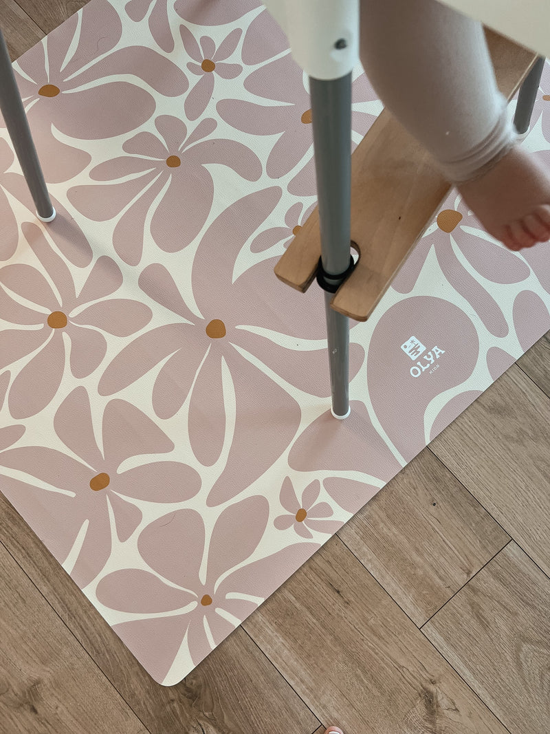 Kids Mealtime Floor Mat, Non-Slip & Waterproof - Daisy Pink