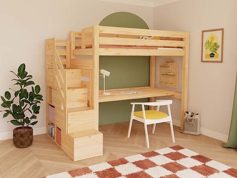 MAKALU Wooden Loft Bed with Storage Stairs and Desk – 90 × 200 cm