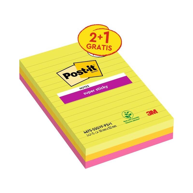 Post-it Super Sticky Pack 3 Blocs 75 Notas Adhesivas Reposicionables - Forma Rectangular - 101X152MM - Colours